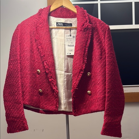 Zara Women's Dark Pink Tweed Jacket - Picture 2 of 10